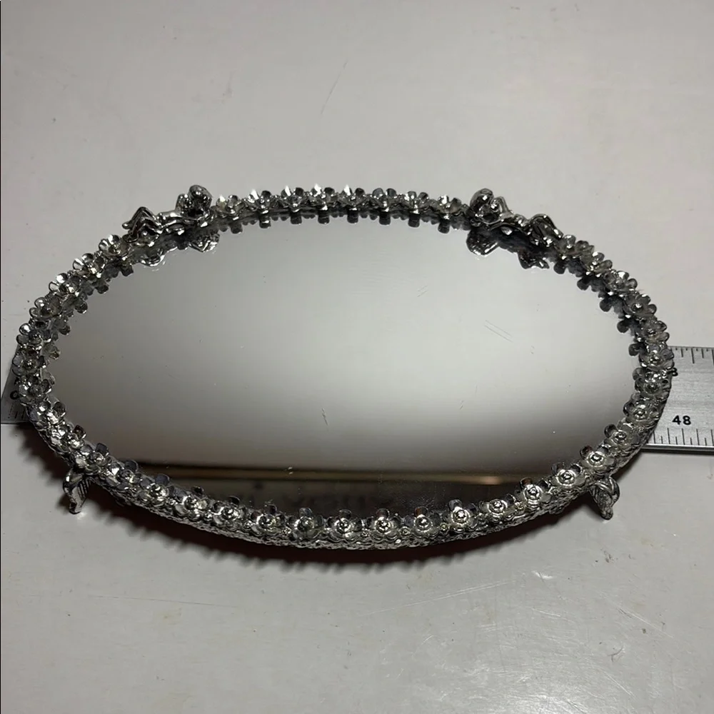 Elegant Silver Vanity Oval Mirror Tray with Cherobs